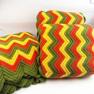 Vtg 70s Chevron Afghan Blanket Throw & Pillows Crochet Green Gold Red Retro Cozy